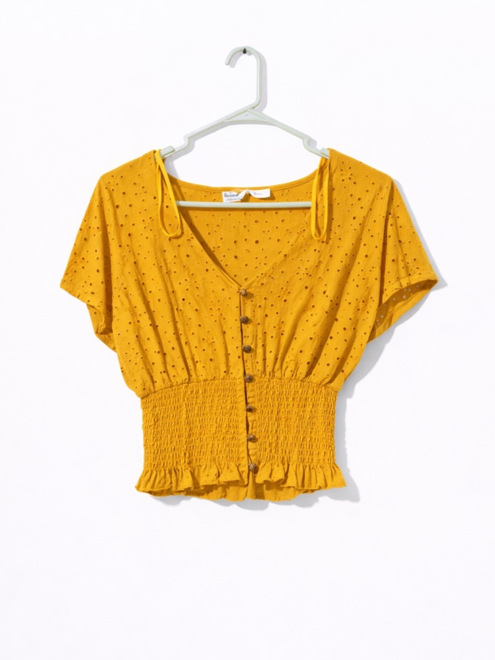love J Mustard Yellow Eyelet Smocked Button-Front Crop Top